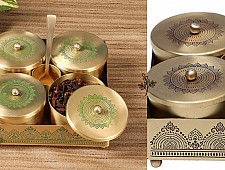Brass | Mukhvas Jars With Holder & Spoon ( Three Color Options )