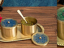 Nakshikathaa ✠ Brass Condiment Jars with Tray & Spoon ( Three Color Options )