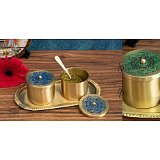 Nakshikathaa ✠ Brass Condiment Jars with Tray & Spoon ( Three Color Options )
