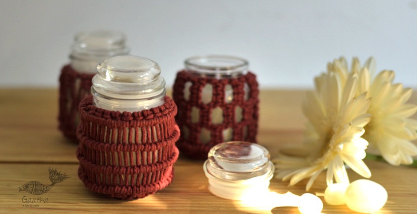 Hand knotted Candle Jar - Crimson Red