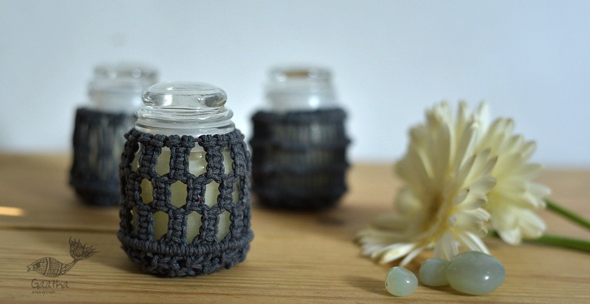 Hand knotted Candle Jar - grey