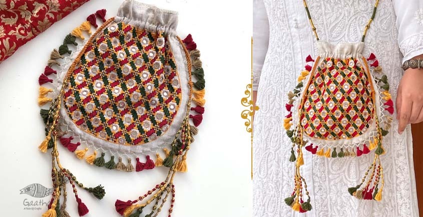 Pre Order: Multicolour Embroidered Fringed Tassels Detailed Potli Bag |  Little Muffet
