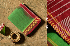 Iravati .  इरावती  ❅ Handwoven Narayanpet Pure Cotton Green Saree with Red Pallu
