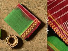 Iravati .  इरावती  ❅ Handwoven Narayanpet Pure Cotton Green Saree with Red Pallu