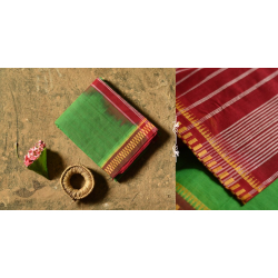 Iravati .  इरावती  ❅ Handwoven Narayanpet Pure Cotton Green Saree with Red Pallu