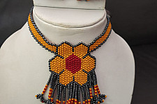 Handmade Bead Jewelry | Necklace Earring Set - Yellow & Grey