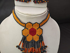 Handmade Bead Jewelry | Necklace Earring Set - Yellow & Grey