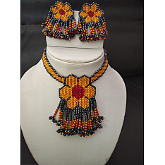 Handmade Bead Jewelry | Necklace Earring Set - Yellow & Grey