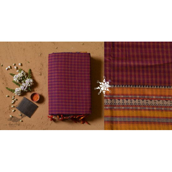 Handwoven cotton Checks saree - in Deep Violet from Andhra Pradesh