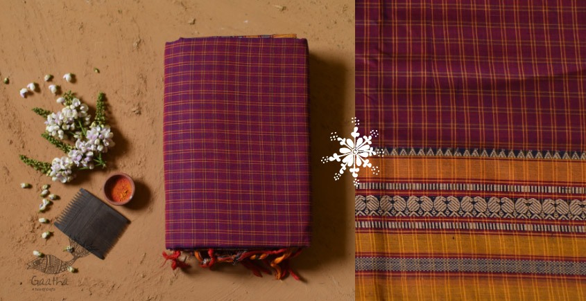 Handwoven cotton Checks saree - in Deep Violet from Andhra Pradesh