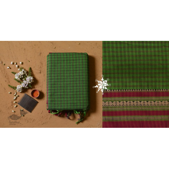 Handwoven cotton Checks Green saree - Andhra Pradesh