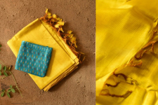 Indravali | Yellow Plain Silk Saree With Ikat Silk Blouse Piece