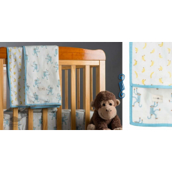 Rainboo ☁ Block Printed ☁ Monkeys + Bananas Dohar / Blanket- Blue fog - 7