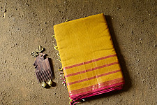 Pavitra . पवित्रा | Handloom Maheshwari Self Stripe Saree - Yellow