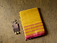 Pavitra . पवित्रा | Handloom Maheshwari Self Stripe Saree - Yellow