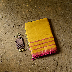 Pavitra . पवित्रा | Handloom Maheshwari Self Stripe Saree - Yellow