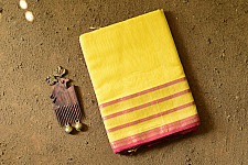 Pavitra . पवित्रा | Handloom Maheshwari Yellow Silk Saree With Pink Pallu