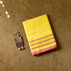 Pavitra . पवित्रा | Handloom Maheshwari Yellow Silk Saree With Pink Pallu