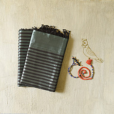 Rekha | Maheshwari Zari Stripes - Dress Material (Top & Dupatta) - Black & Blue