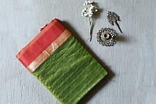 Pavitra . पवित्रा | Handloom Maheshwari Silk Green Saree With Red Pallu
