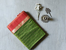 Pavitra . पवित्रा | Handloom Maheshwari Silk Green Saree With Red Pallu