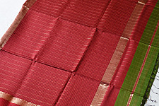 Pavitra . पवित्रा | Handloom Maheshwari Silk Green Saree With Red Pallu