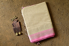Pavitra . पवित्रा | Silver Zari Maheshwari Silk Saree ~ Beige saree with Light Pink Pallu