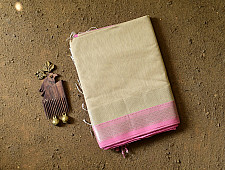 Pavitra . पवित्रा | Silver Zari Maheshwari Silk Saree ~ Beige saree with Light Pink Pallu