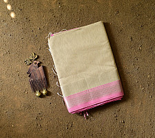 Pavitra . पवित्रा | Silver Zari Maheshwari Silk Saree ~ Beige saree with Light Pink Pallu