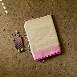 Pavitra . पवित्रा | Silver Zari Maheshwari Silk Saree ~ Beige saree with Light Pink Pallu