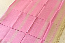 Pavitra . पवित्रा | Silver Zari Maheshwari Silk Saree ~ Beige saree with Light Pink Pallu