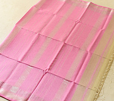 Pavitra . पवित्रा | Silver Zari Maheshwari Silk Saree ~ Beige saree with Light Pink Pallu