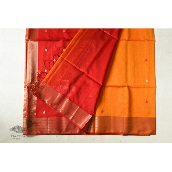 buy Handwoven Maheshwari silk sareeHandwoven Maheshwari Butta Saree - Yellow With Red Pallu