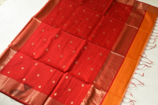 Pavitra . पवित्रा | Handwoven Maheshwari Butta Saree - Yellow With Red Pallu