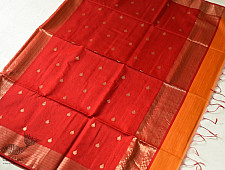 Pavitra . पवित्रा | Handwoven Maheshwari Butta Saree - Yellow With Red Pallu