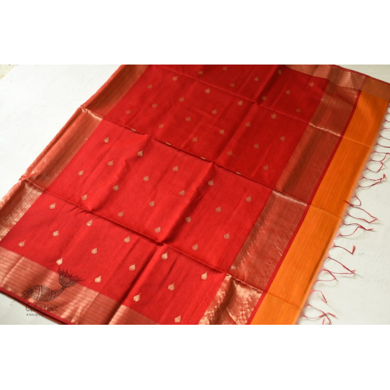 buy Handwoven Maheshwari silk sareeHandwoven Maheshwari Butta Saree - Yellow With Red Pallu