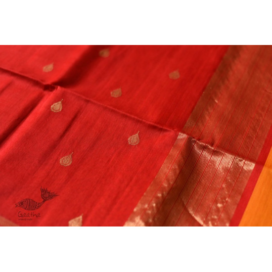 buy Handwoven Maheshwari silk sareeHandwoven Maheshwari Butta Saree - Yellow With Red Pallu