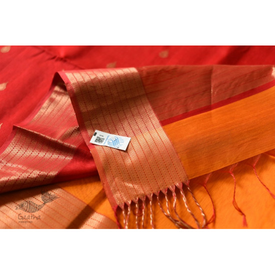 buy Handwoven Maheshwari silk sareeHandwoven Maheshwari Butta Saree - Yellow With Red Pallu