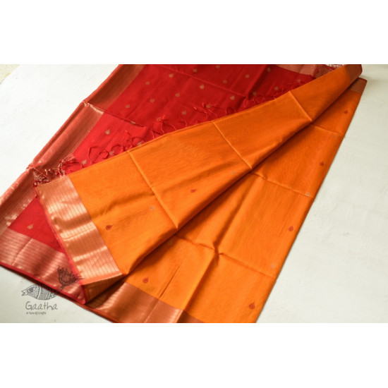 buy Handwoven Maheshwari silk sareeHandwoven Maheshwari Butta Saree - Yellow With Red Pallu