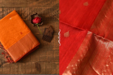 Pavitra . पवित्रा | Handwoven Maheshwari Butta Saree - Yellow With Red Pallu