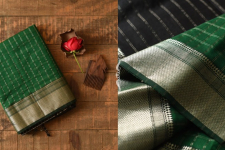 Pavitra . पवित्रा | Handwoven Maheshwari Checks Saree - Green With Black Pallu