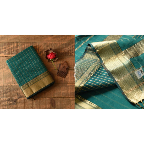 buy  Handwoven Maheshwari Saree With Zari Checks - Teal