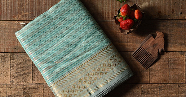 Semi Maheshwari Silk Saree with Zari Border & Ikat Style Weaving for Women