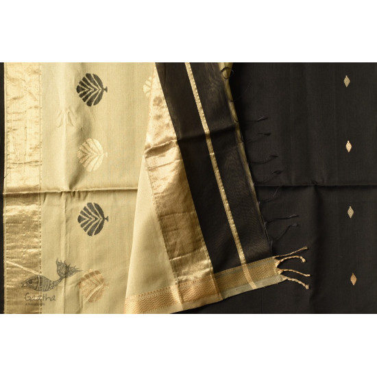 buy Handwoven Maheshwari Black Saree With Golden Pallu