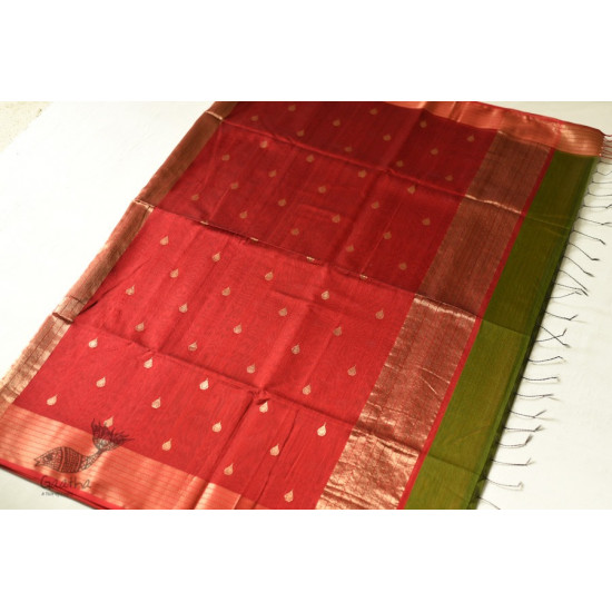 buy Handwoven Maheshwari Saree - Mehandi Green with Red Pallu