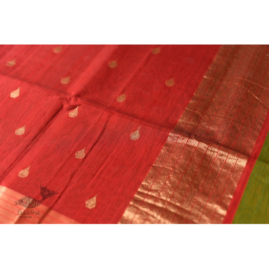 buy Handwoven Maheshwari Saree - Mehandi Green with Red Pallu