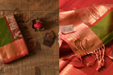 Pavitra . पवित्रा | Handwoven Maheshwari Saree - Mehandi Green with Red Pallu