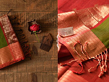 Pavitra . पवित्रा | Handwoven Maheshwari Saree - Mehandi Green with Red Pallu