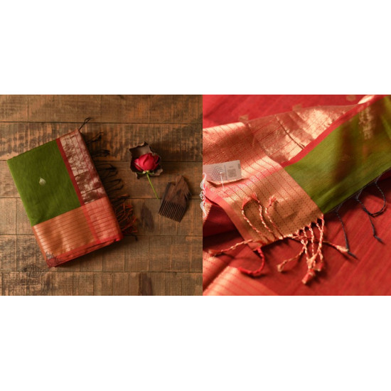 buy Handwoven Maheshwari Saree - Mehandi Green with Red Pallu