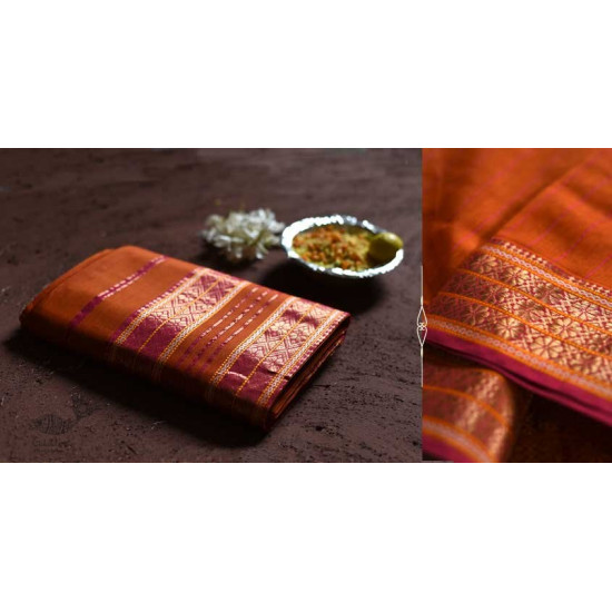 shop maheshwari cotton silk rust color saree with zari border